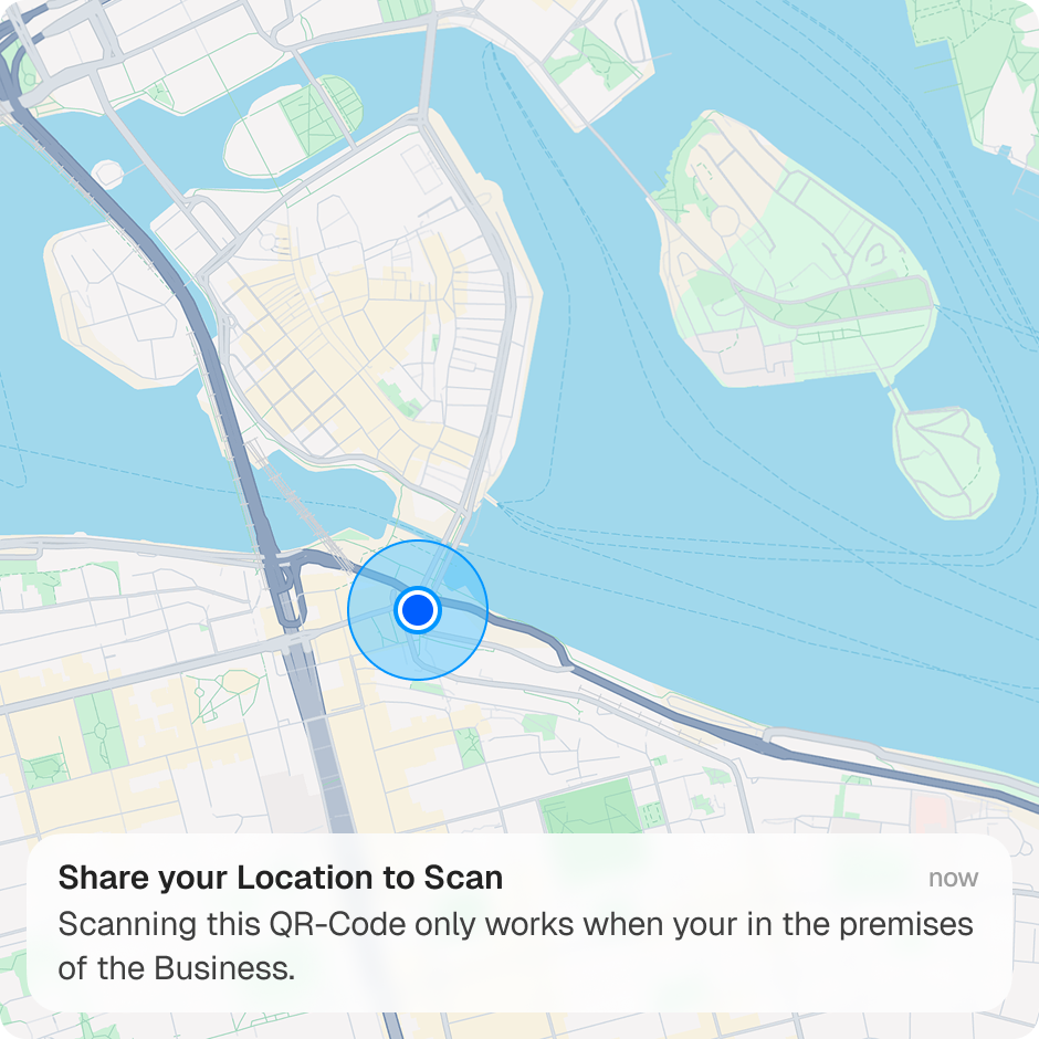 Map showing a location pin with a notification asking to share location to scan the QR-Code